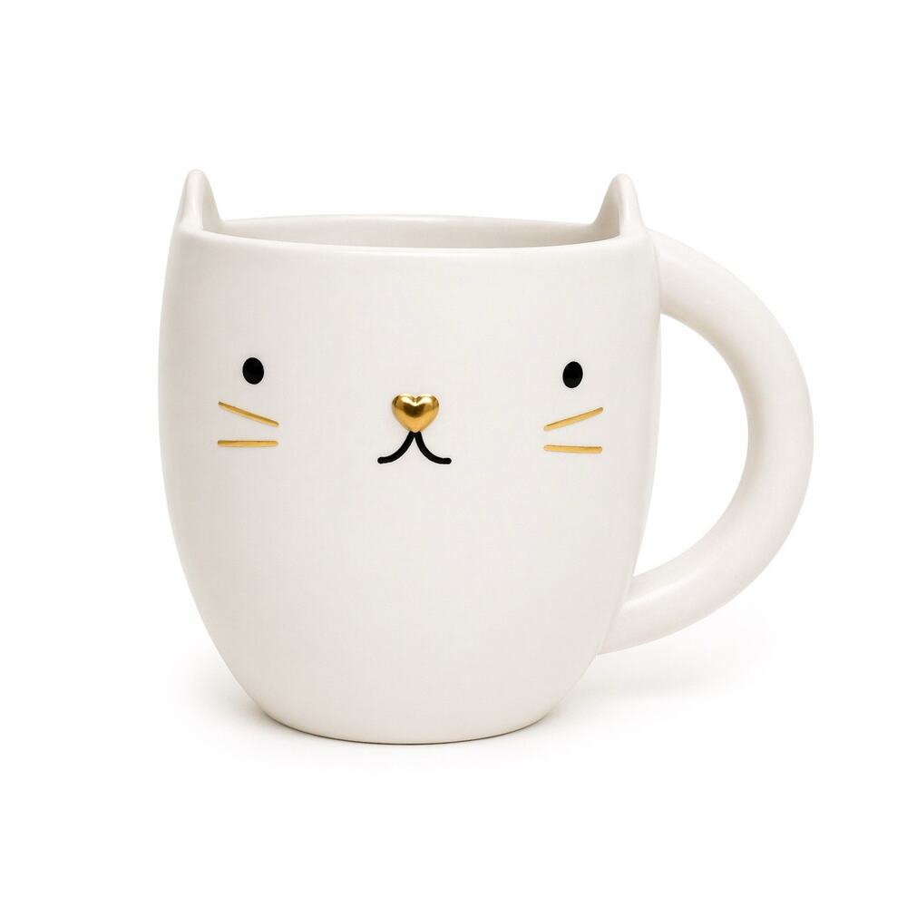 Cute Cat Mug White Gold Nose Whiskers Coffee Cup 18oz Stoneware